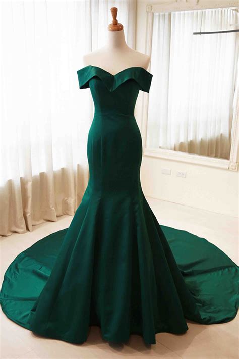 green satin mermaid prom dress ball gown elegant   shoulder