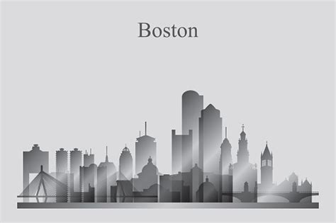 Boston City Skyline Silhouette In Grayscale Stock
