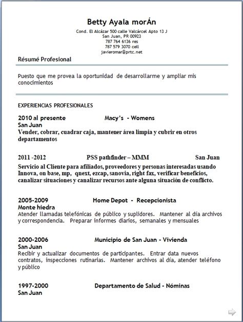 spanish sample resume format  word