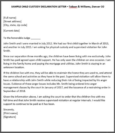 sample declaration letter  child custody thankyou letter