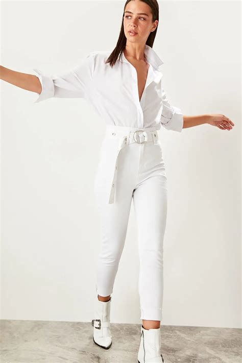 trendyol white belt mount detayli super high waist slim fit jeans twosslr  jeans