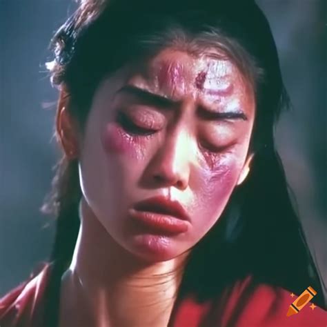 asian martial arts fighter with bruised face in 80s movie scene on craiyon