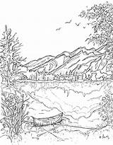 Coloring Pages Landscape Mountains Printable Mountain Nature Drawing Canoe Lake Adult Colouring Adults Scene Kids Serenity Jasper Water Book Landscapes sketch template