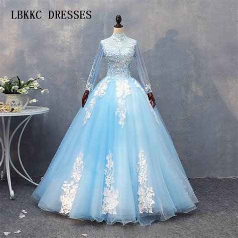 Light Blue Quinceanera Dresses 2018 High Neck Long Sleeves
