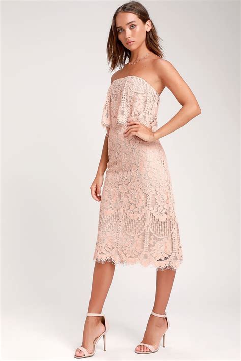 lovely blush pink dress lace dress strapless midi dress light pink