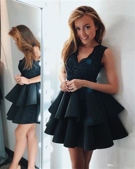 2018 black sexy short homecoming dresses v neck tiered ruffles party
