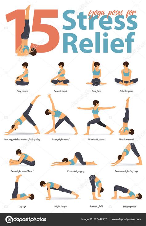 set yoga postures female figures infographic yoga poses stress relieve stock vector image