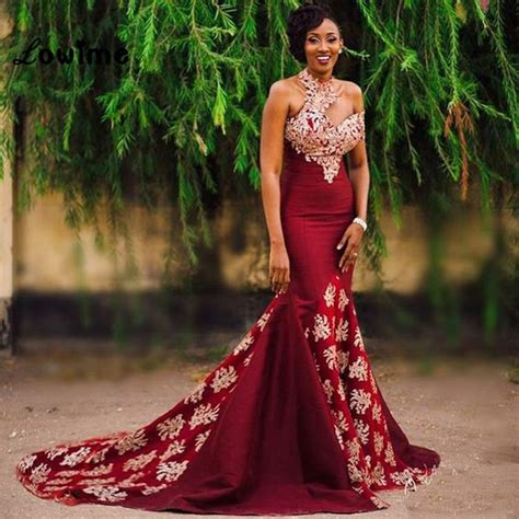 sexy long burgundy african wine red gold lace mermaid prom gala dress