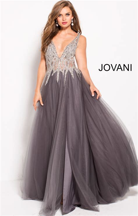 jovani 54873 v neck open back high slit prom dress