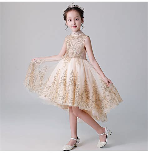 Gold Sequin Tulle Girls Party Dress Sleeveless Flower Girl Dresses For