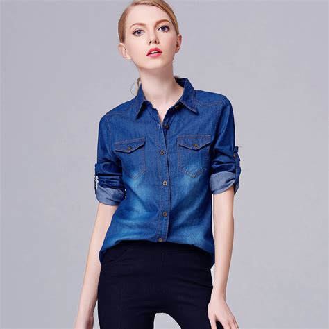 fashion denim shirt women long sleeve turn  collar blouse shirts blue jean shirt