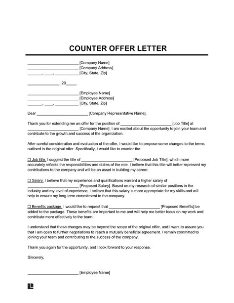 counter offer letter template printable  word