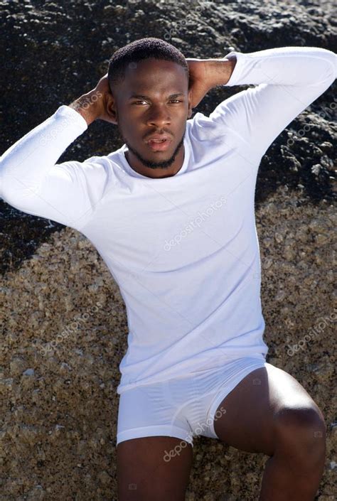 African American Male Fashion Model Posing In White Underwear — Stock