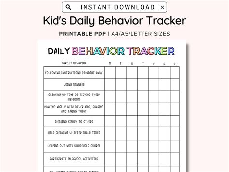 daily behavior chart  kids printable good behavior tracking
