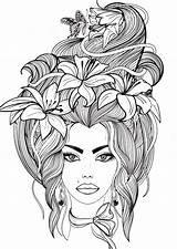 Coloring Hair Flowers Pages Adult Girl Portrait Long Her Lily Butterfly Girls Women Books Colouring Colorear Flower Color Para Pag sketch template