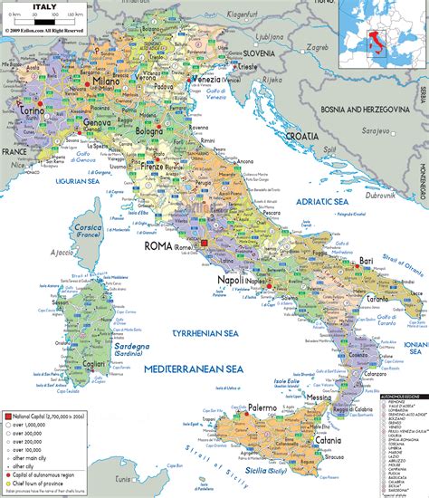 large detailed political  administrative map  italy   cities roads  airports
