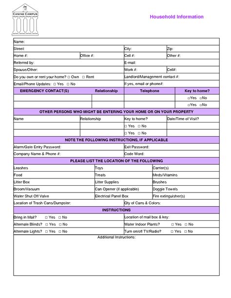 pet sitting forms  printable documents