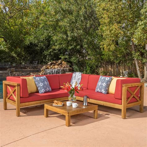 piece outdoor sectional set teak wood red cushions