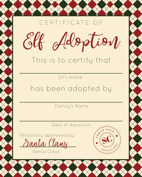template  elf adoption certificate  printable