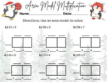 multiplication  area models worksheet winter themed tpt