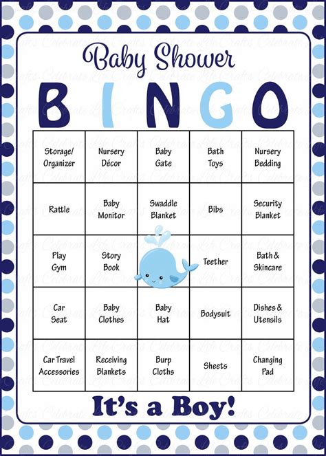 whale baby bingo cards printable  prefilled baby shower