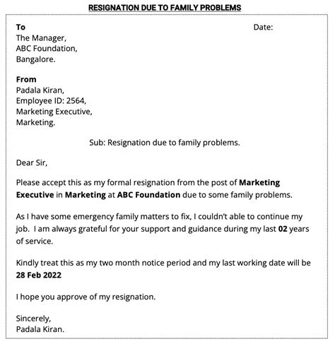 resignation letters due  family problem  word format