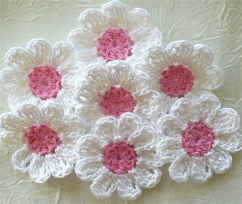 white crochet flower appliques pink centers set of 12 handmade