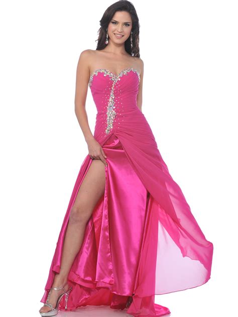 Hot Pink Strapless Sweetheart Chiffon Prom Dress With Slit