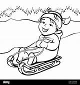 Sled Sledding Cartoon Kids Girl Drawing Coloring Outline Snow Child Winter Hill Character Rides Joyful Alamy Hand Happy Fun Cute sketch template