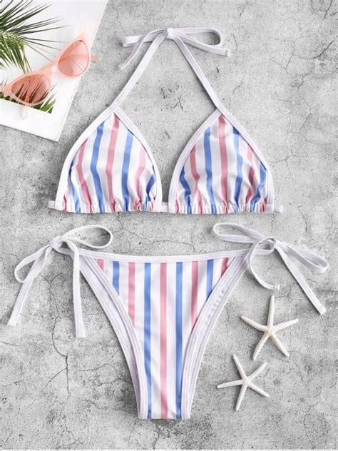 [22 Off] 2020 Zaful Multi Striped Piping Tie String Bikini Swimsuit In