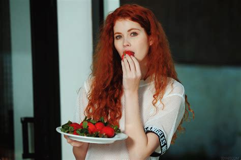 wallpaper women heidi romanova green eyes garden redhead long hair blouse strawberries