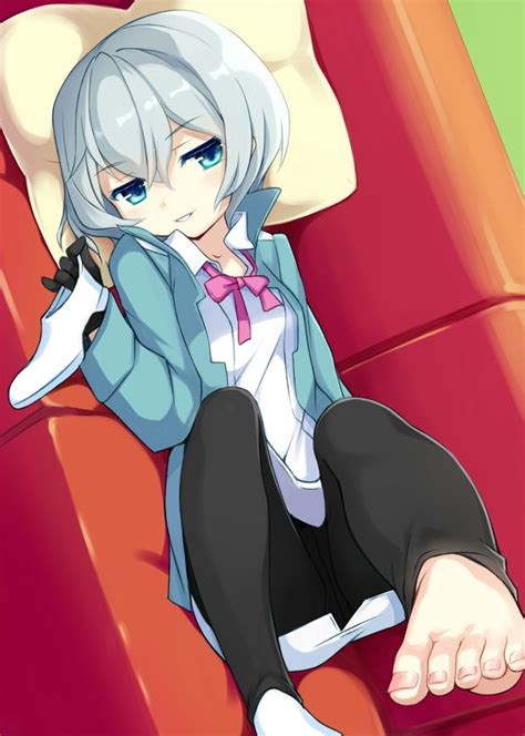 Safebooru 1girl Black Gloves Black Legwear Blue Eyes Blush Couch Feet