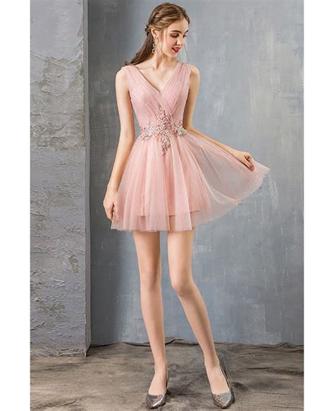 pretty short tulle pink prom dress cute pleated vneck dm69059