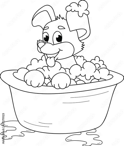 coloring page outline  cartoon smiling cute  dog   bath