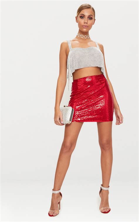 Red Sequin Mini Skirt Prettylittlething Ie