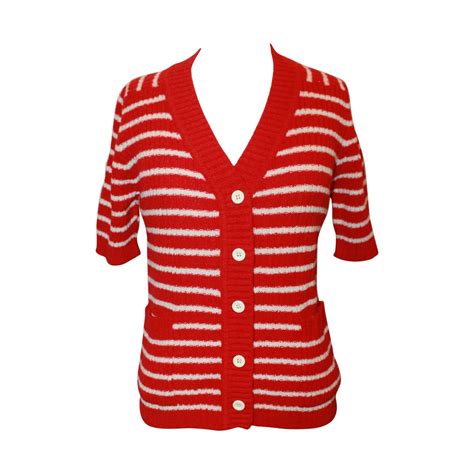lanvin 1970 s red and white striped wool blend short sleeve cardigan