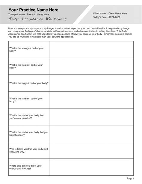 body acceptance worksheet