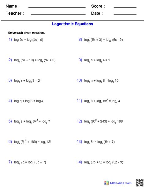 algebra  worksheets exponential  logarithmic functions worksheets