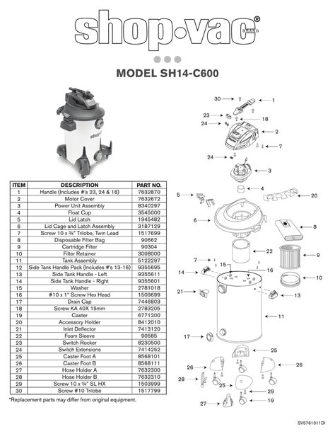 shop vac parts list  sh  models  gallon  peak hp sta