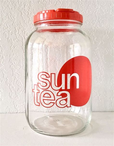 glass sun tea jar  lid red letters  gallon vintage wheaton large mcm
