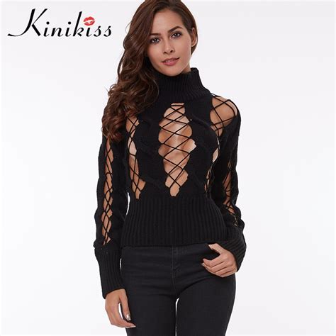 buy kinikiss sexy sweater women black hollow out criss