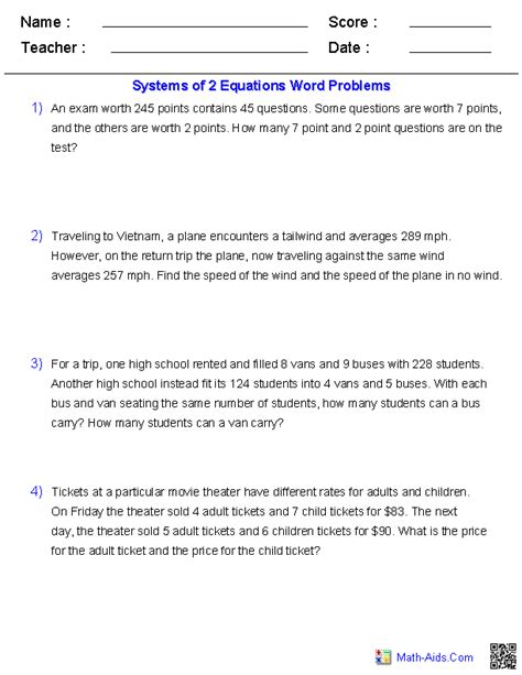 algebra  worksheets systems  equations  inequalities worksheets