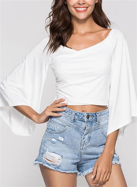 white women s off shoulder flare sleeve crop top loose solid color tee