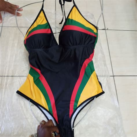 one piece swimsuit jamaican flag colors cross neck high waisted one