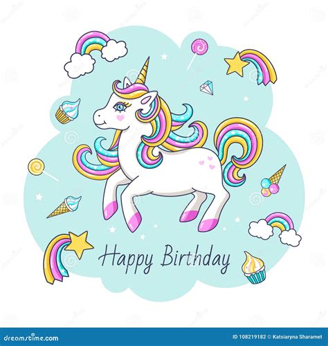 happy birthday card  cute unicorn stock vector illustration
