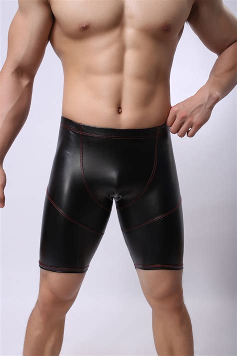 sexy men faux leather shorts boxers underwear gay male panties black