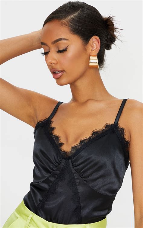 Black Satin Lace Trim Detail Bodysuit Tops Prettylittlething Uae