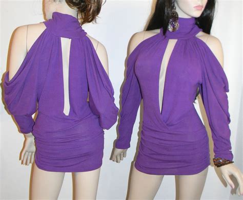 purple sexy goth low cleavage clubwear cold shoulder busty sweater top