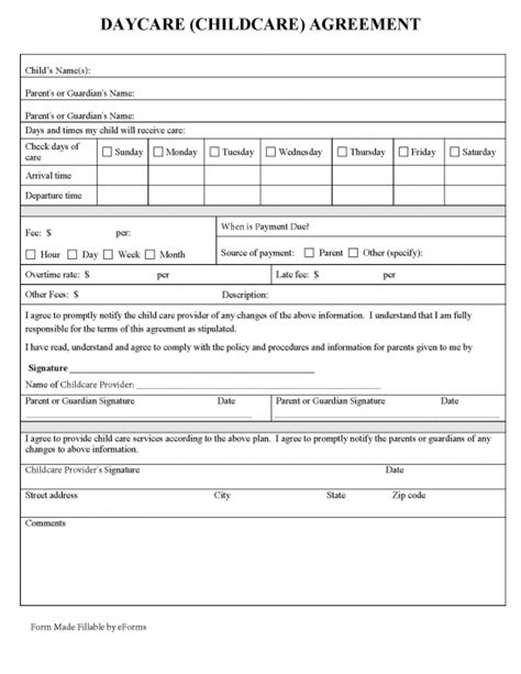 daycare child care contract template  word eforms