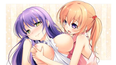 2girls apron blonde hair blush breast grab breasts kazakura nipples purple eyes purple hair